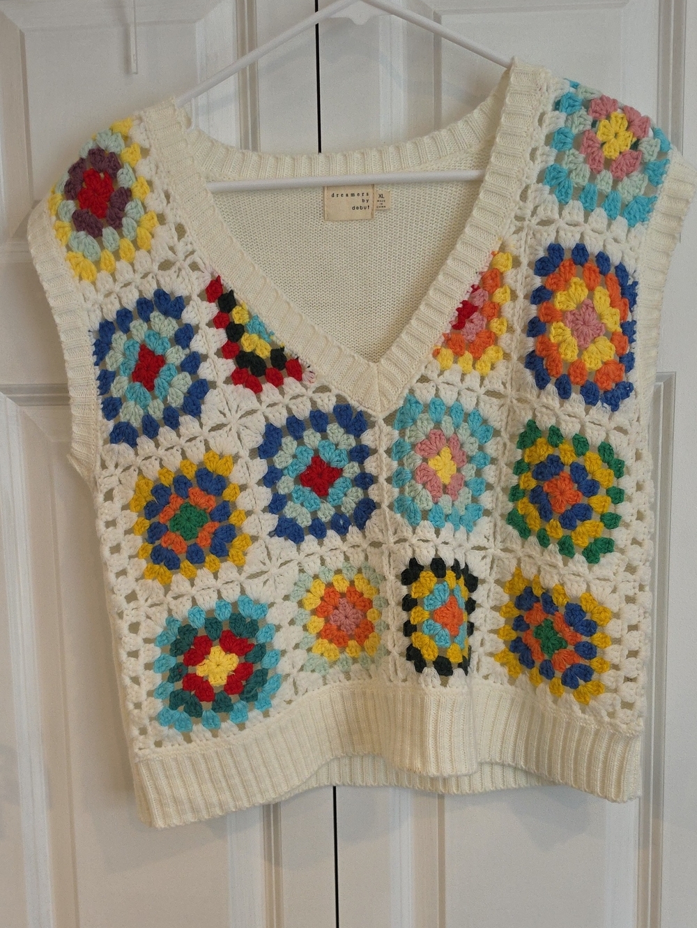 Cream Crochet Patchwork V-Neck Sweater Vest